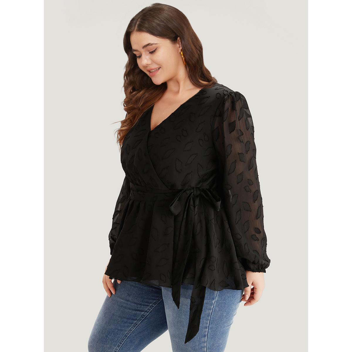 Plus Size Black Crochet Mesh Belted Gathered Wrap Lantern Sleeve Blouse Women Elegant Long Sleeve V-neck Dailywear Blouses BloomChic 22-24/3X Product Image