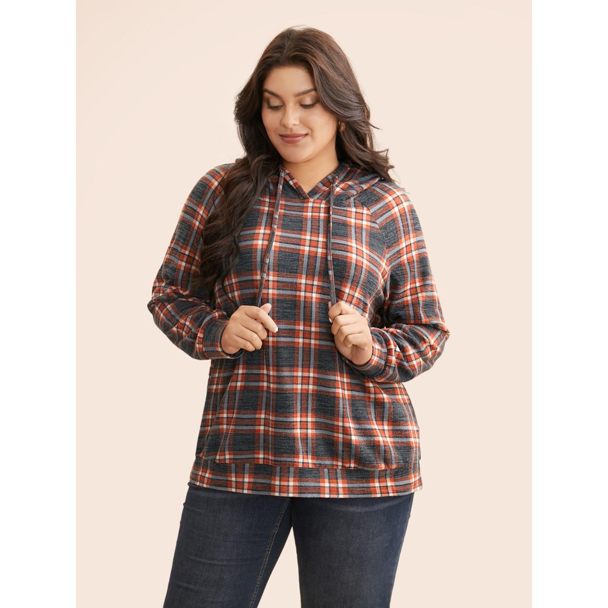Plus Size Plaid Hooded Drawstring Raglan Sleeve Sweatshirt Women Multicolor Leisure Drawstring Hooded Casual Sweatshirts BloomChic 26/4X Product Image