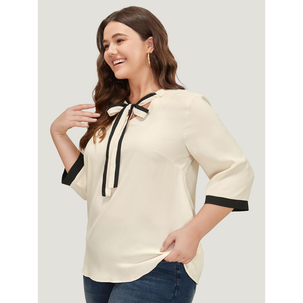 Plus Size Ivory Contrast Trim Knot Neck Blouse Women Office Elbow-length sleeve Tie Neck Work Blouses BloomChic 22-24/3X Product Image