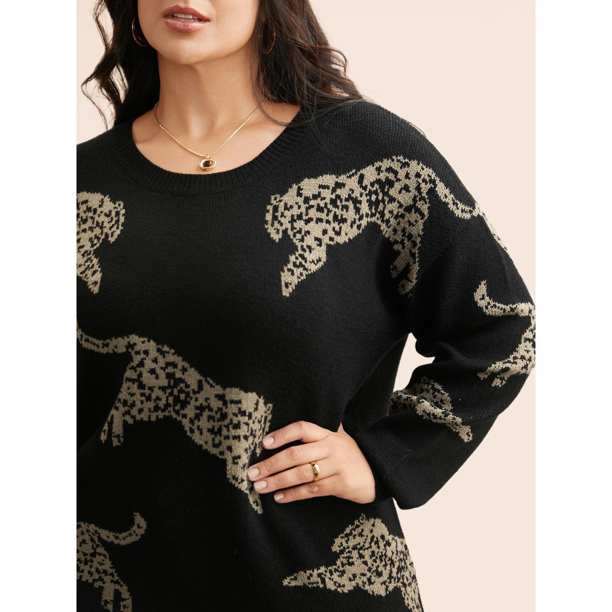 Plus Size Animal Jacquard Drop Shoulder Sleeve Pullover Black Women Casual Long Sleeve Round Neck Everyday Pullovers BloomChic 14-16/1X Product Image