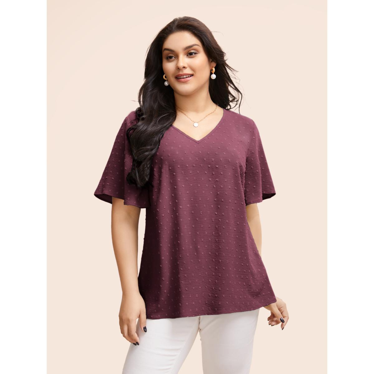 Plus Size Purple Polka Dot Lace Sleeve Blouse Women Elegant Short sleeve V-neck Everyday Blouses BloomChic 28/5X Product Image