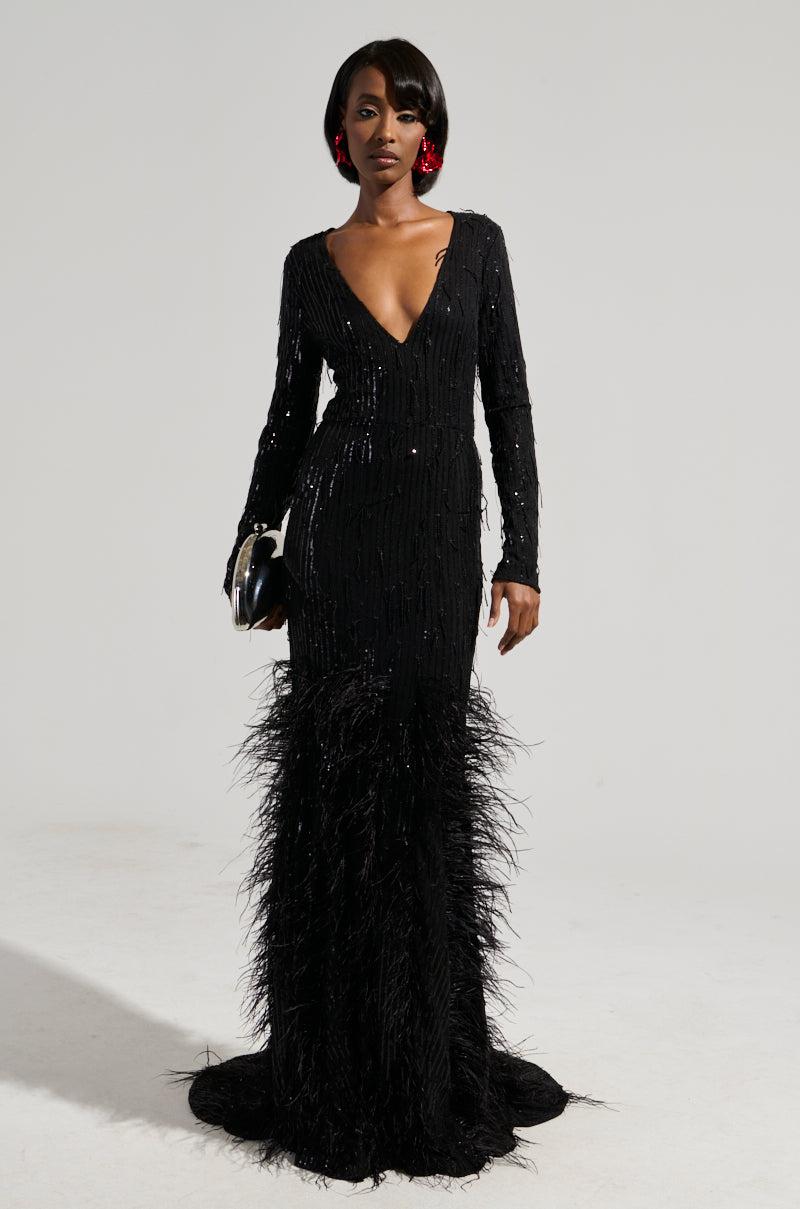 YOURS TRULY FEATHER SEQUIN EMBELLISHED MAXI DRESS Product Image