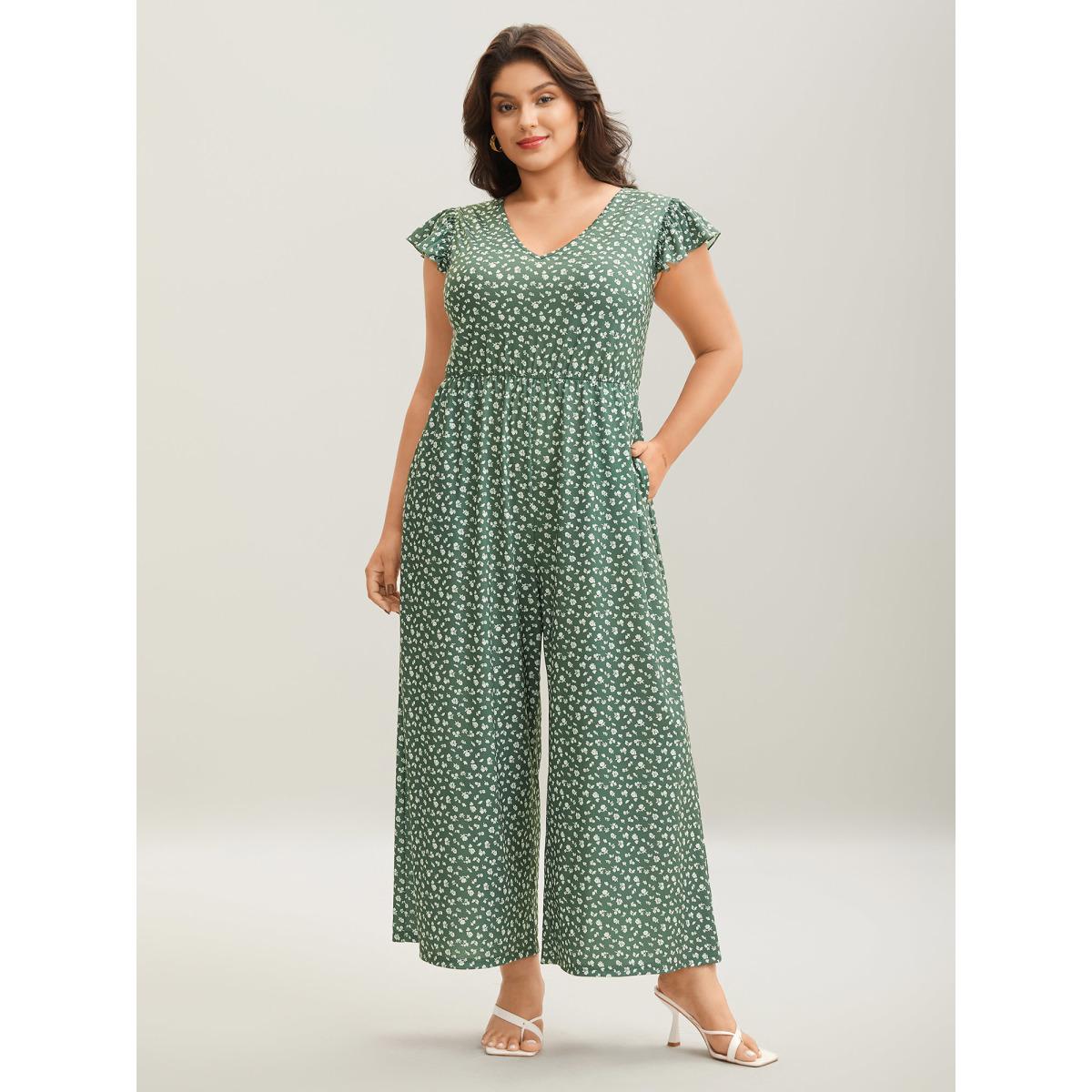 Plus Size Moss Floral Print Backless Ruffled Jumpsuit Women Cap Sleeve V-neck Vacation Loose Jumpsuits BloomChic 28/5X Product Image