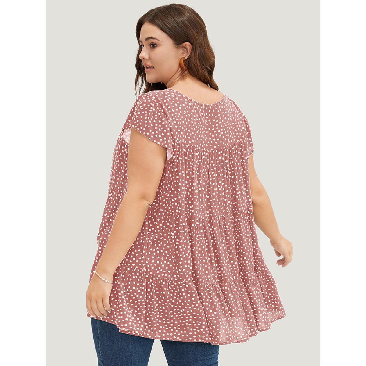 Plus Size Rouge Allover Print Cap Sleeve Ruffle Hem Gathered Blouse Women Casual Cap Sleeve Round Neck Everyday Blouses BloomChic 10/M Product Image