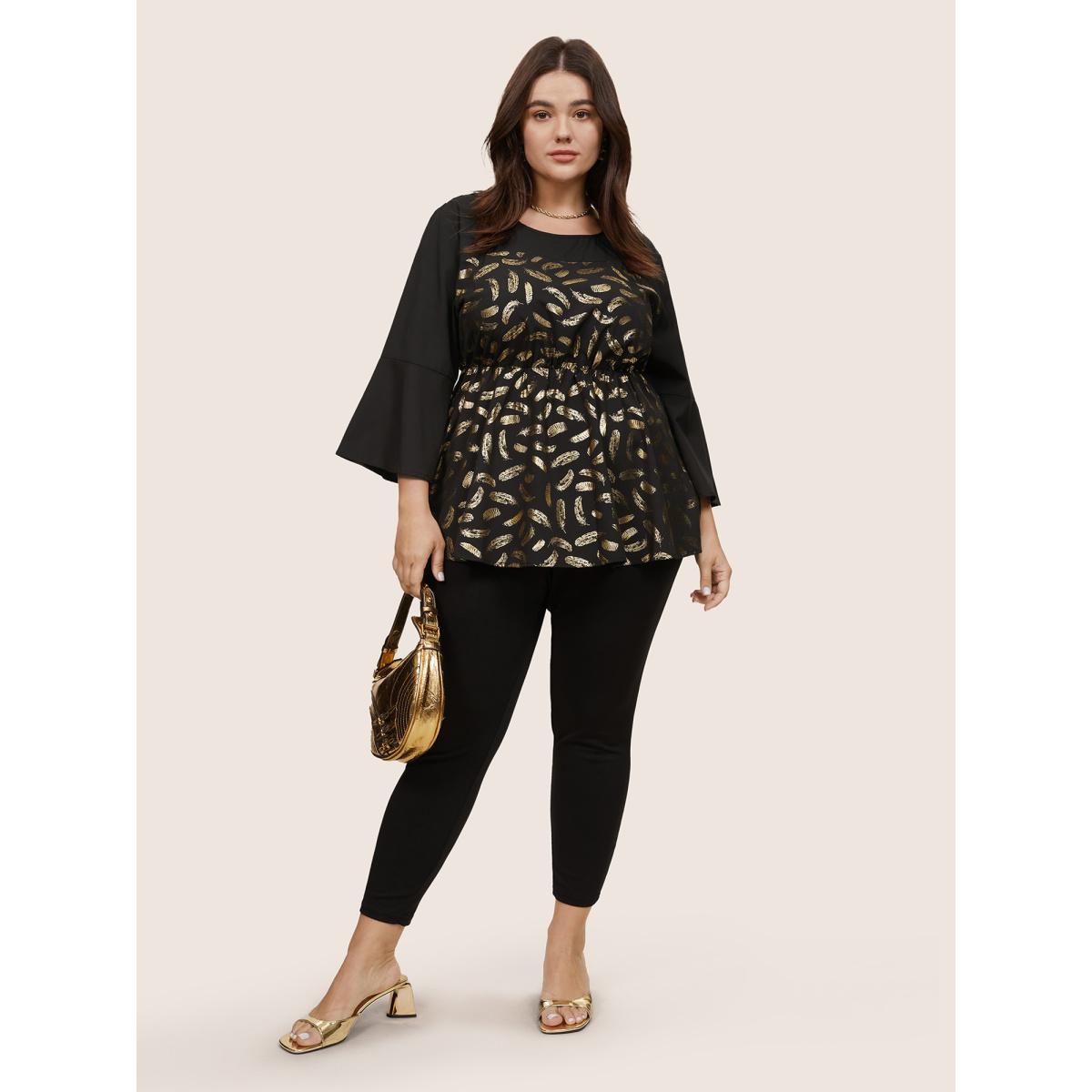 Plus Size Black Feather Glitter Patchwork Bell Sleeve Blouse Women Glamour Elbow-length sleeve Round Neck Party Blouses BloomChic 26/4X Product Image
