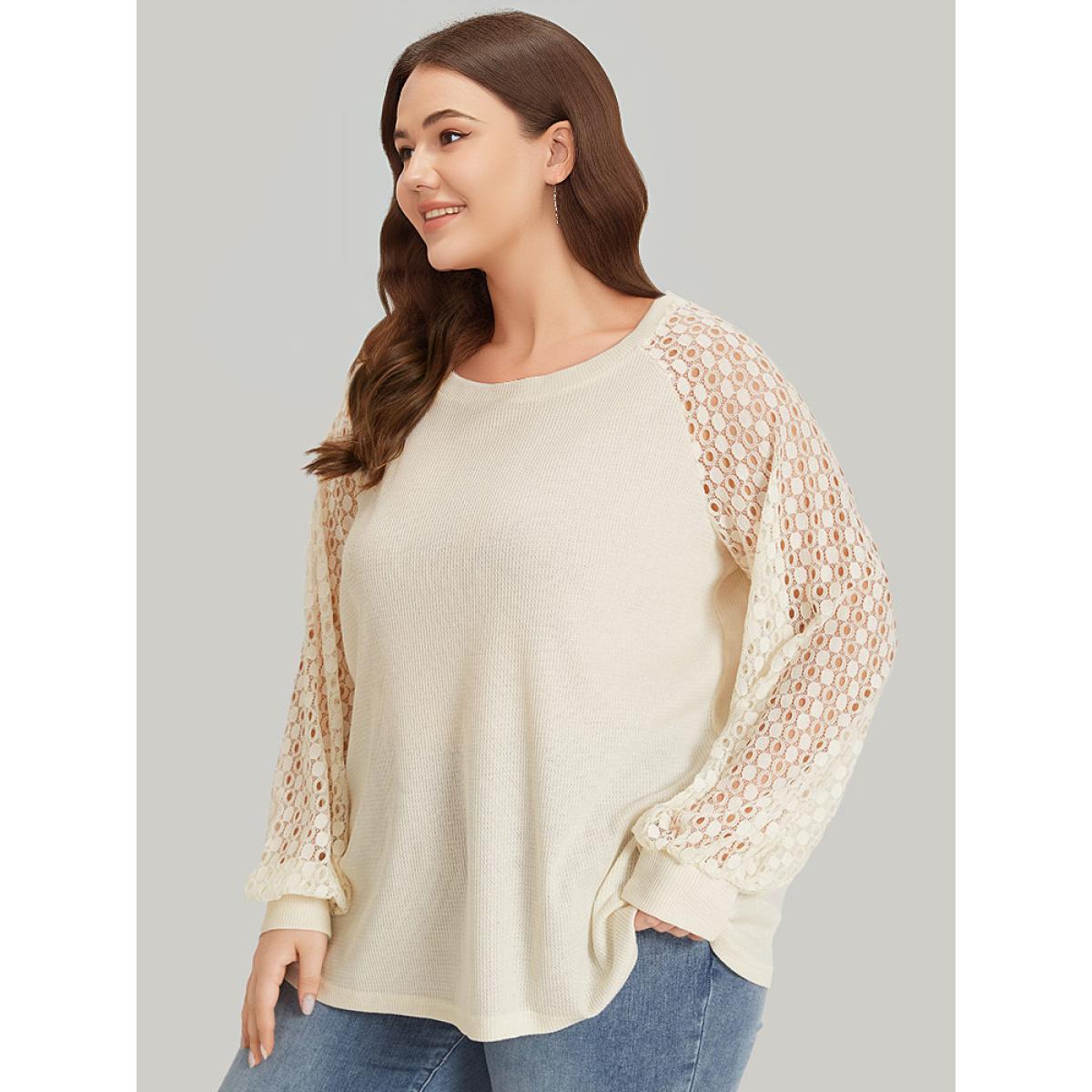 Plus Size Lace Panel Raglan Sleeve Waffle Knit Sweatshirt Women Ivory Elegant Patchwork Round Neck Dailywear Sweatshirts BloomChic 14-16/1X Product Image