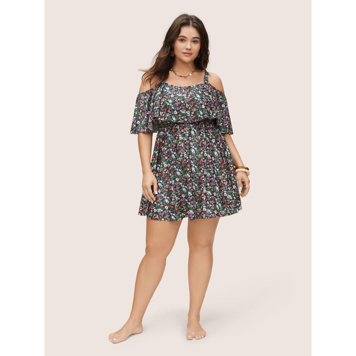 Plus Size Ditsy Floral Ruffles Cold Shoulder Swim Dress Women's Swimwear Black Beach Bodycon One-shoulder neck High stretch Curve Swim Dresses BloomChic 14-16/1X Product Image
