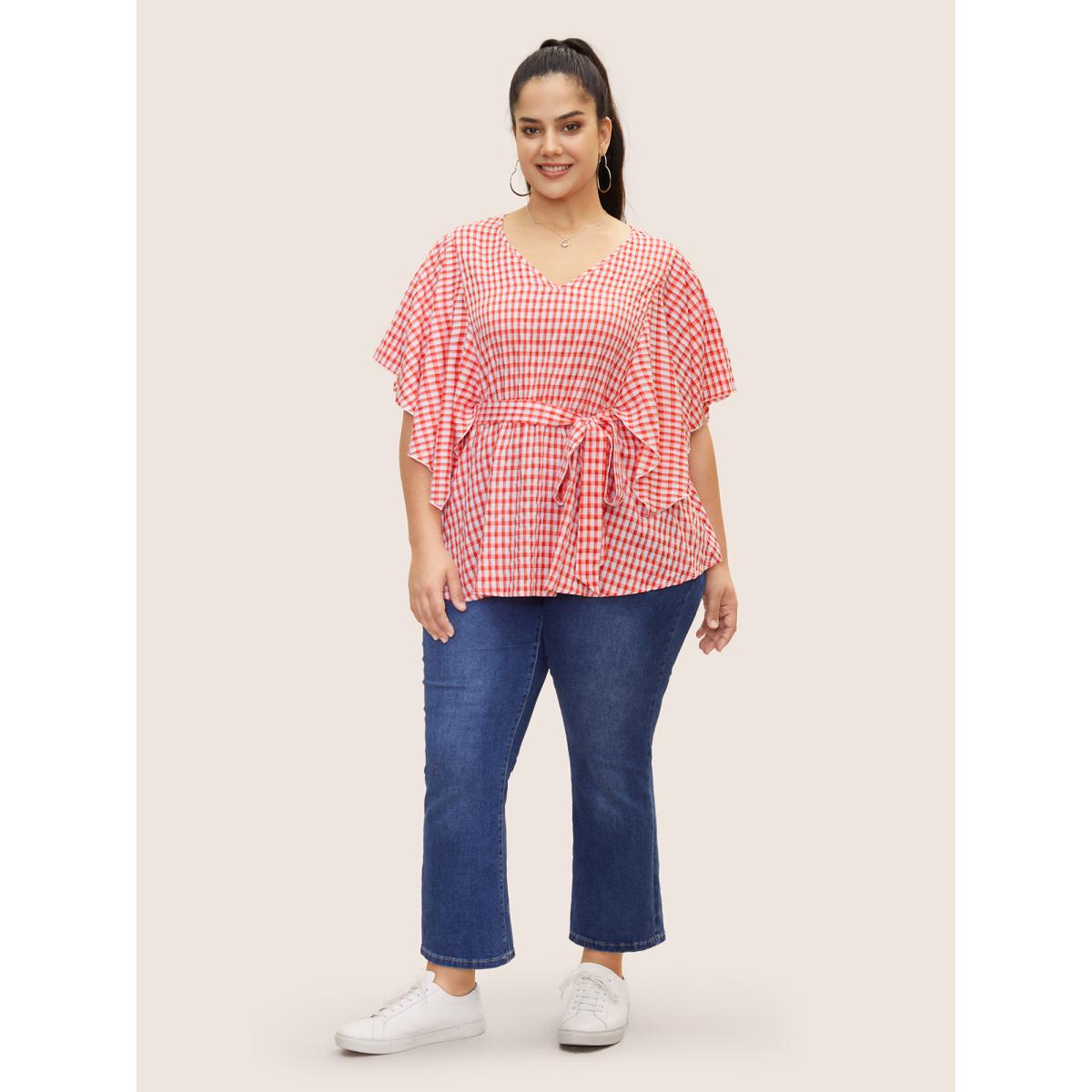 Plus Size Crimson V Neck Gingham Tie Knot Ruffles Blouse Women Casual Elbow-length sleeve V-neck Everyday Blouses BloomChic 12/L Product Image