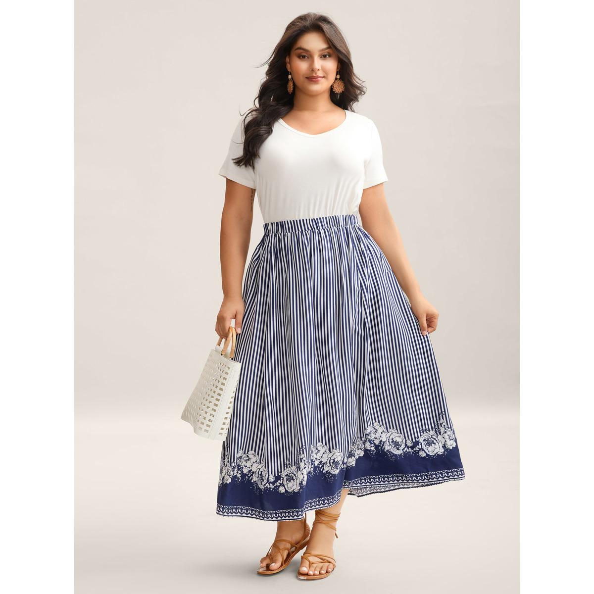 Plus Size Striped Floral Hem Flowy Maxi Skirt Women DarkBlue Loose No stretch Side seam pocket Vacation Skirts BloomChic 10/M Product Image