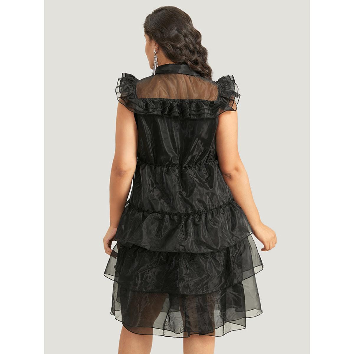 Plus Size Halloween Solid Mesh Layered Ruffle Wednesday Dress Black Women Glamour See through Shirt collar Sleeveless Curvy Midi Dress BloomChic 10/M Product Image