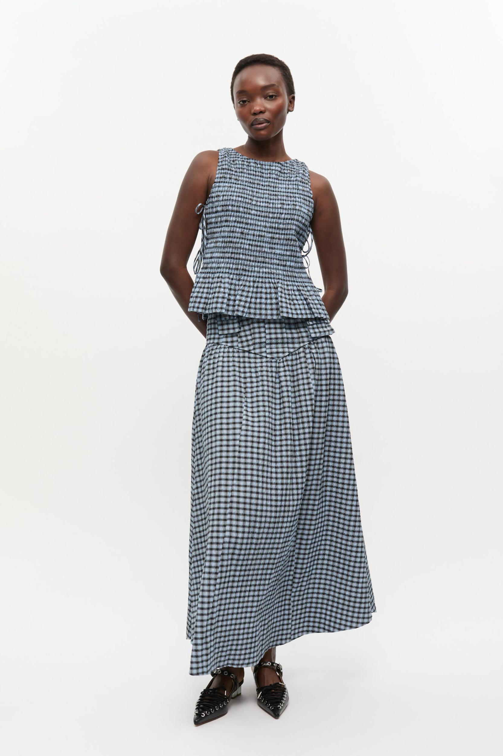 Blue Seersucker Check Long Skirt Product Image
