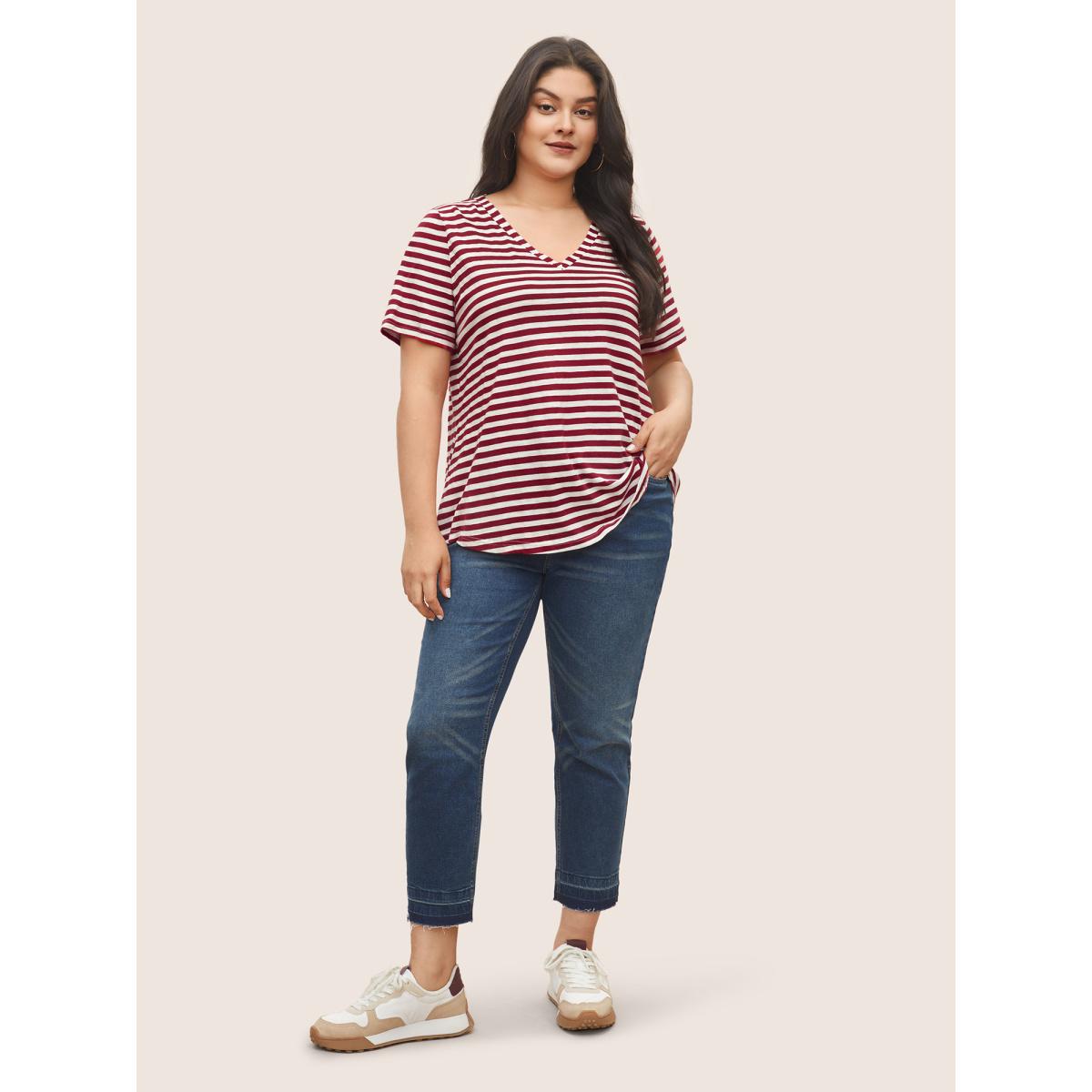 Plus Size Cotton Contrast Striped V Neck T-shirt Scarlet Women Casual Contrast Striped V-neck Everyday T-shirts BloomChic 28/5X Product Image