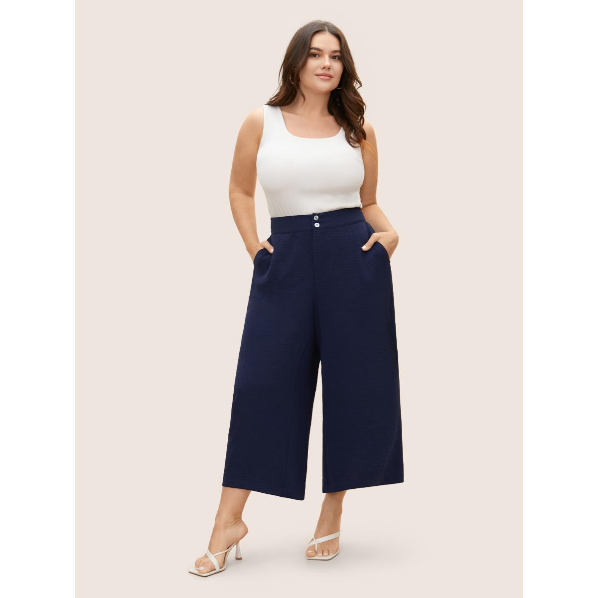 Plus Size Solid Button Up Gathered Wide Leg Pants Women Indigo Elegant Wide Leg Mid Rise Everyday Pants BloomChic 18-20/2X Product Image