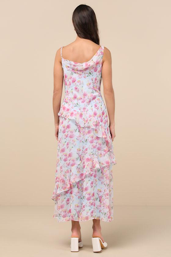 Levina Light Blue Floral Asymmetric Ruffled Midi Dress Product Image