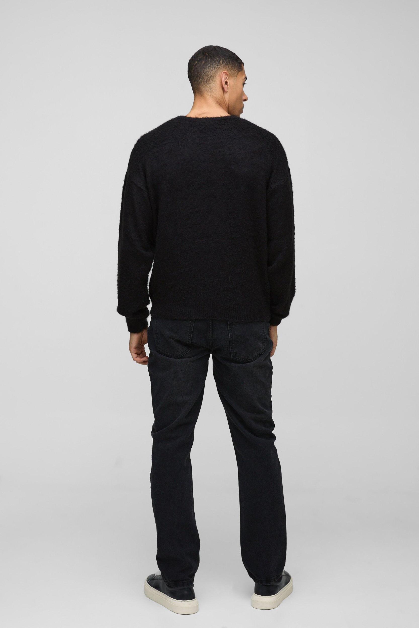 Homme Oversized Boxy Brushed Slogan Knitted Sweater | boohooMAN USA Product Image