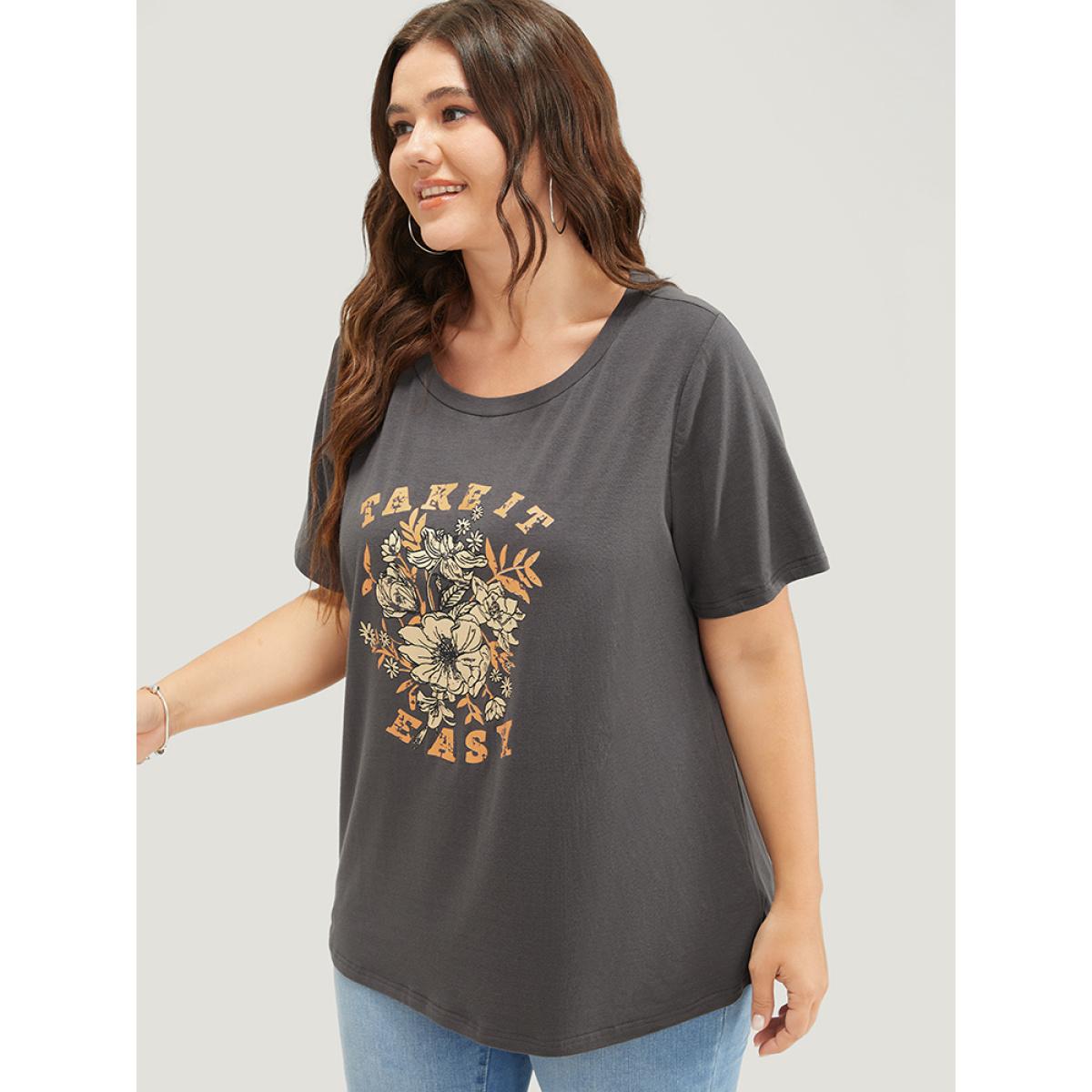 Plus Size Letter & Floral Print Crew Neck T-shirt DimGray Women Casual Natural Flowers Dailywear T-shirts BloomChic 28/5X Product Image