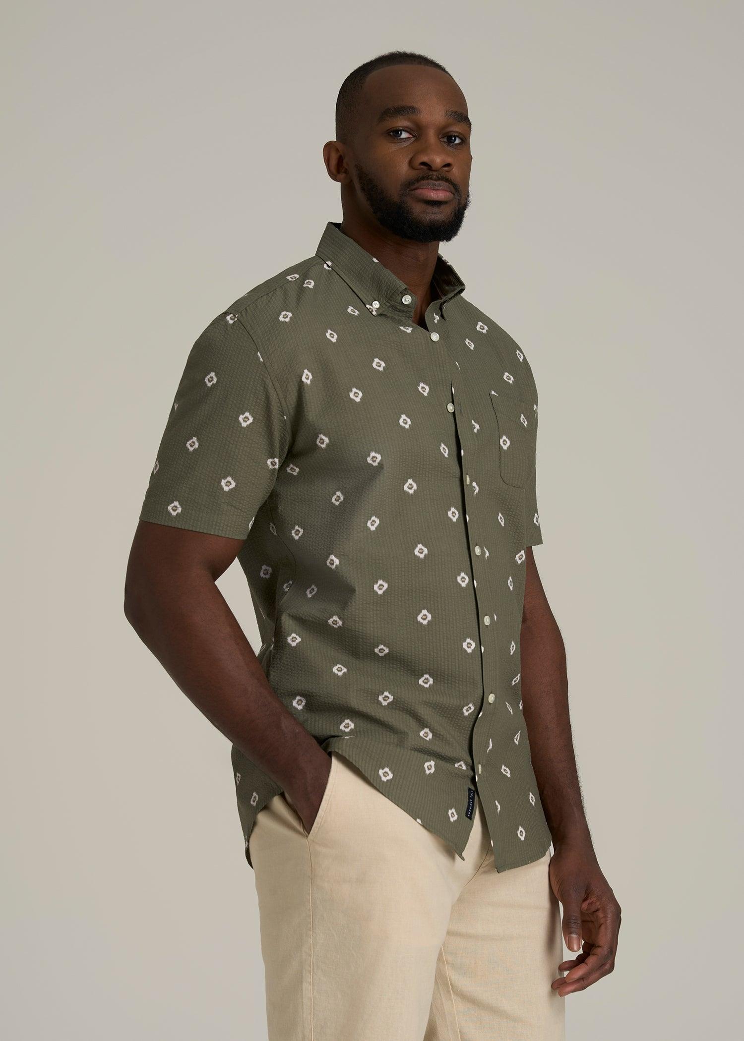 Seersucker Short Sleeve Shirt for Tall Men in Olive and Beige Floral Male Product Image