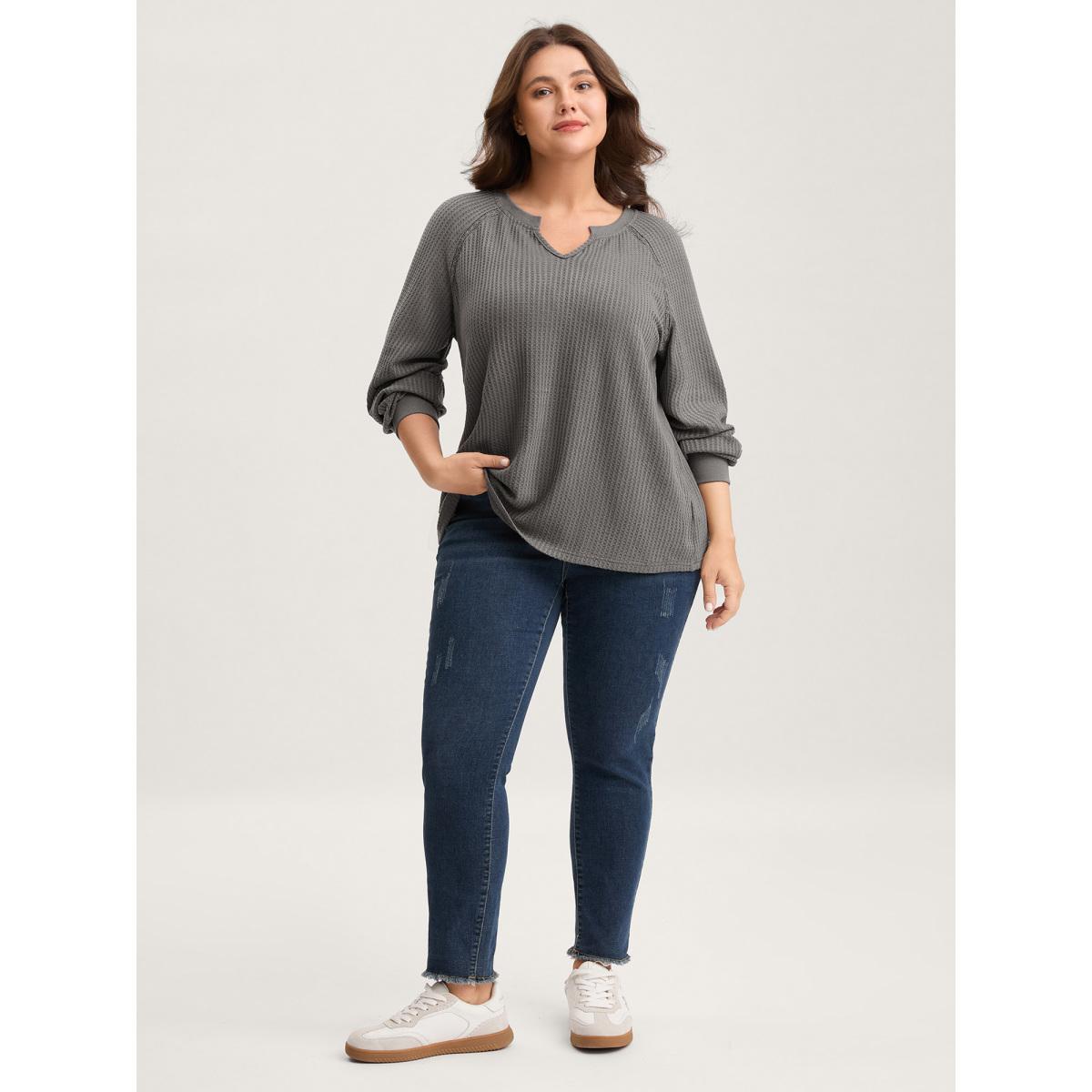 Plus Size Waffle Grid Notched Collar Lace Sweatshirt Women DimGray Leisure Woven ribbon&lace trim Flat collar with V-notch Casual Sweatshirts BloomChic 18-20/2X Product Image