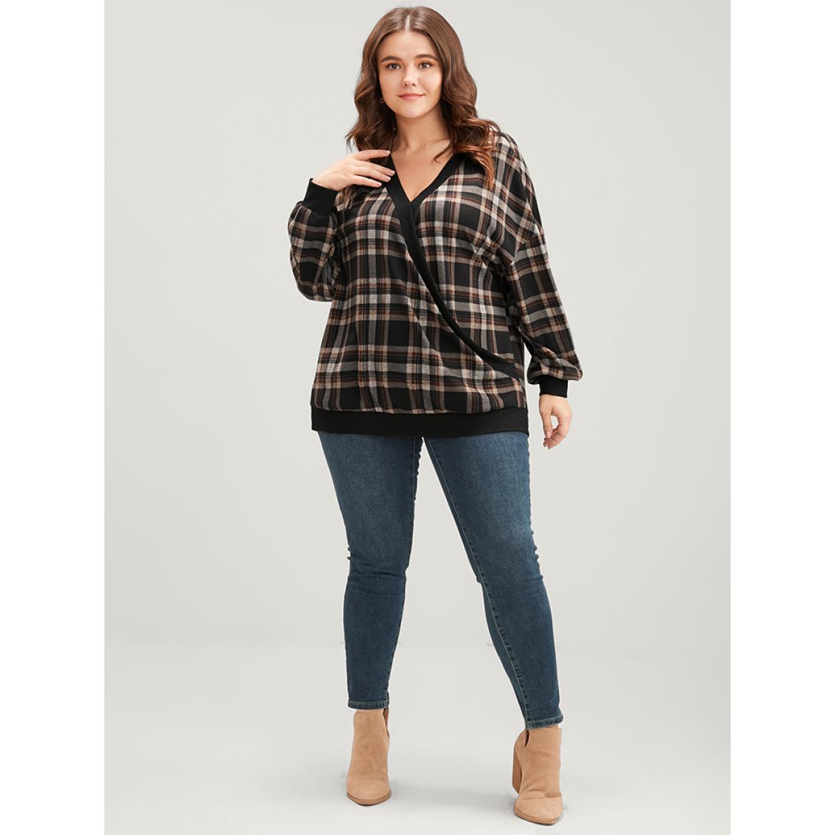 Plus Size Contrast Trim Lantern Sleeve Tartan Wrap Sweatshirt Women DarkBrown Elegant Wrap V-neck Dailywear Sweatshirts BloomChic 14-16/1X Product Image