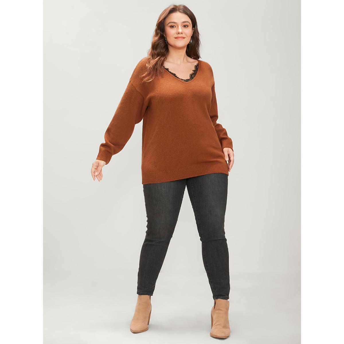 Plus Size Solid Pointelle Knit Lace Trim V Neck Knit Top Bronze Women Elegant Loose Long Sleeve V-neck Dailywear Pullovers BloomChic 14-16/1X Product Image