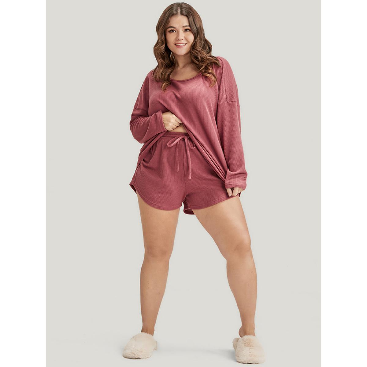 Plus Size Solid Ties Waffle Knit Pajama Set Women Burgundy Plain Long Sleeve Round Neck Casual Loungewear Sets BloomChic 12/L Product Image
