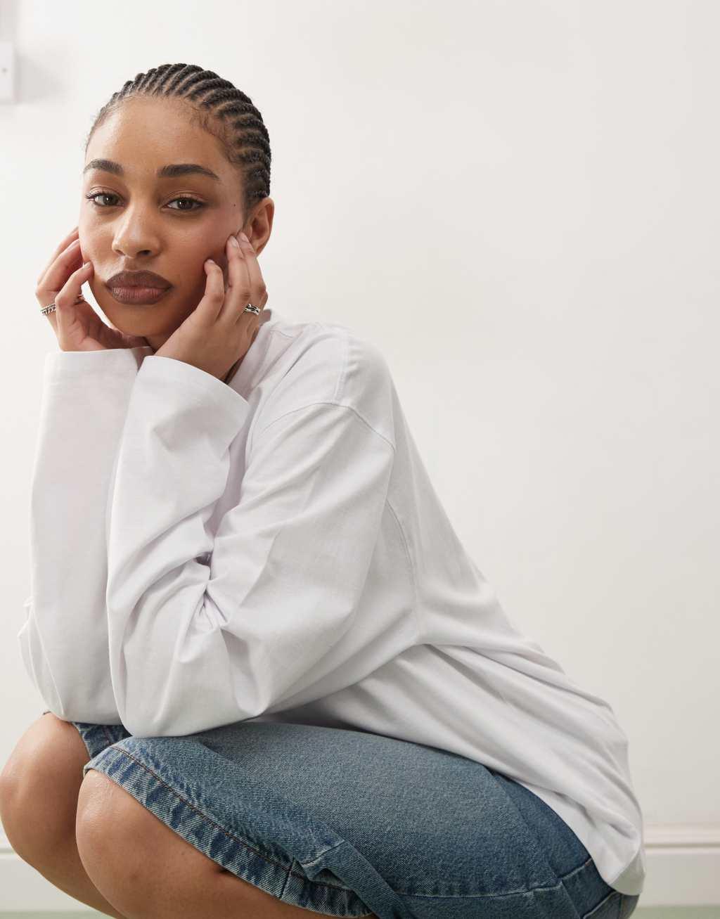 Weekday oversized boxy fit long sleeve t-shirt in white Product Image