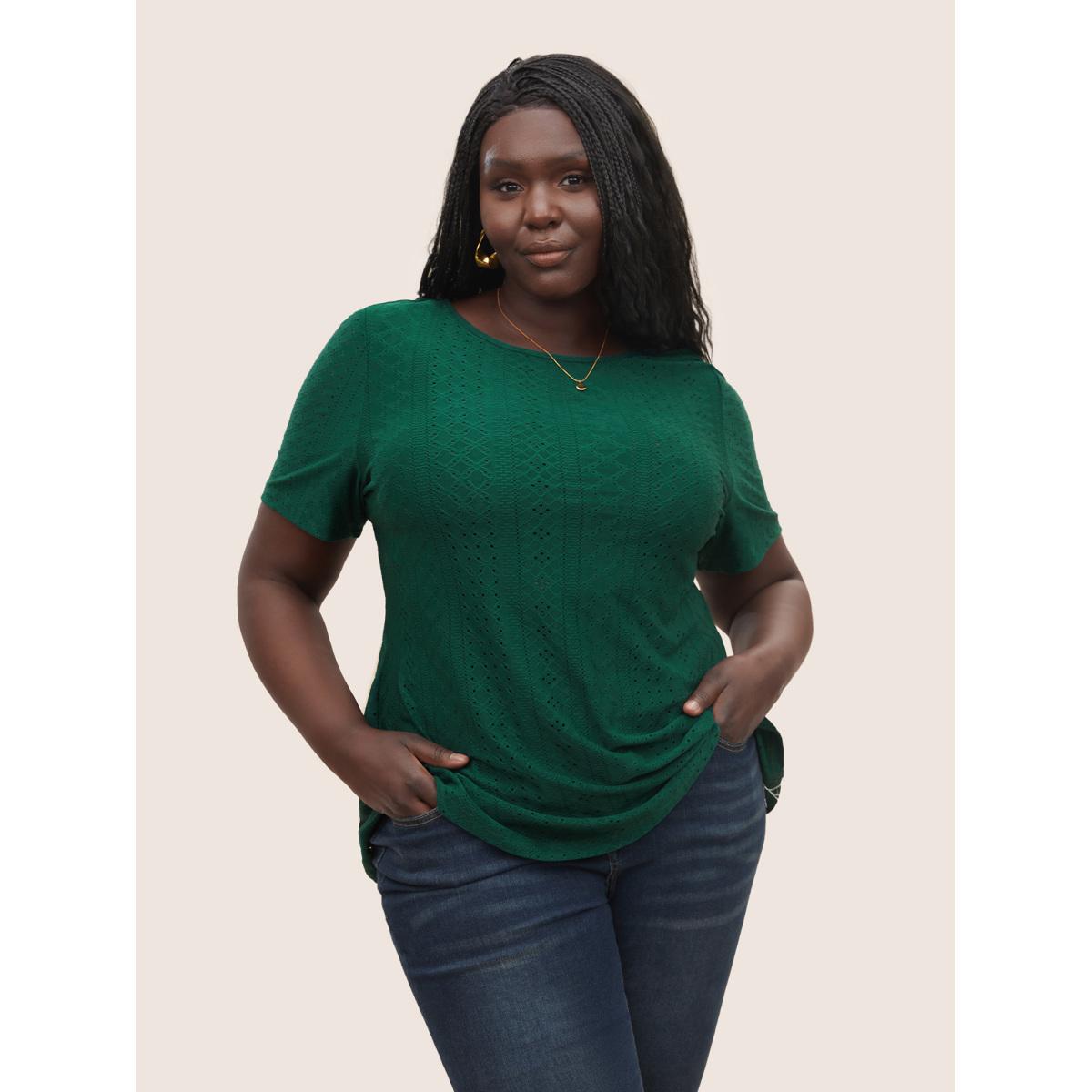 Plus Size Plain Textured Twist Back T-shirt DarkGreen Women Elegant Twist Round Neck Everyday T-shirts BloomChic 18-20/2X Product Image
