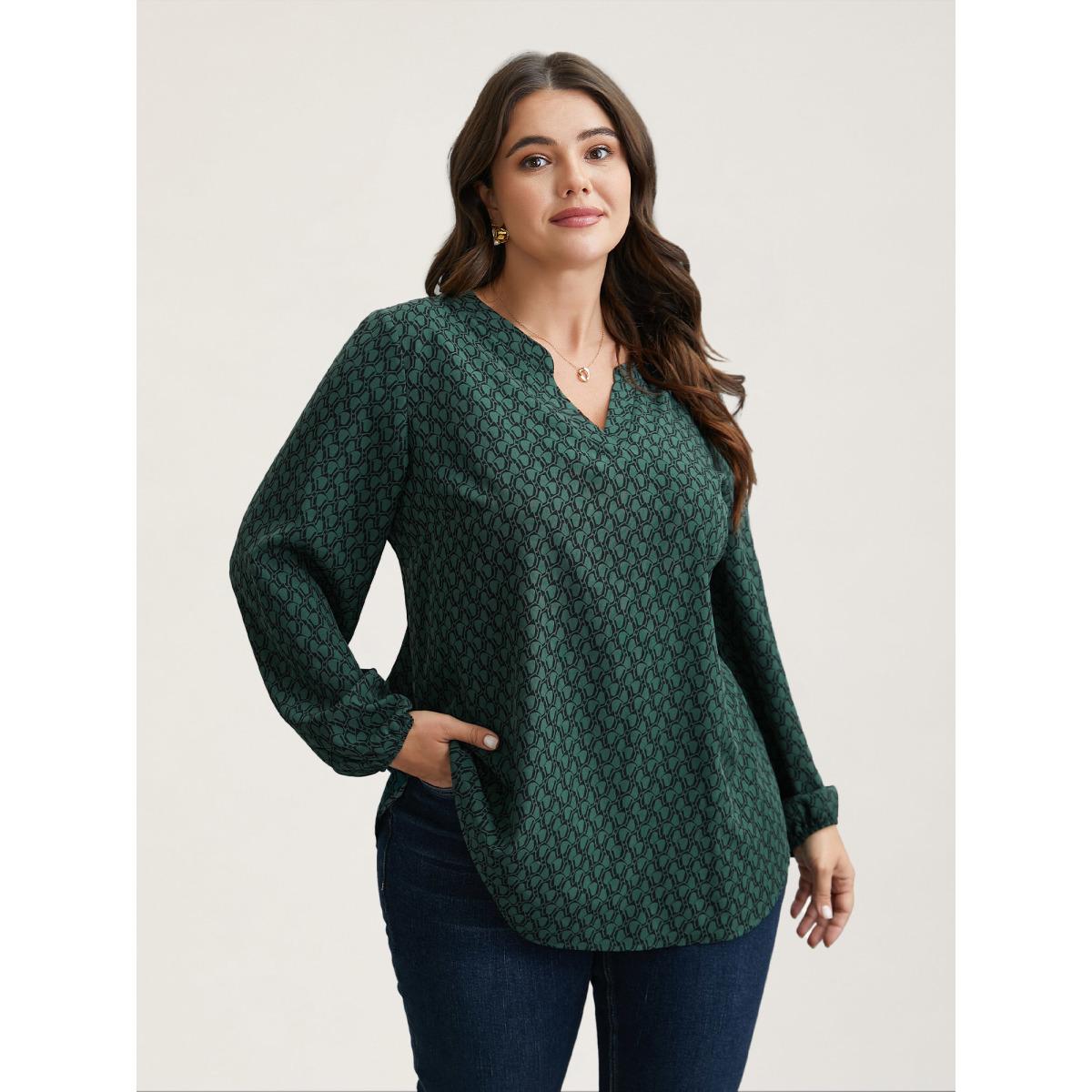 Plus Size DarkSlateGray Notched Collar Geometric Print Flowy Blouse Women Timeless Extra Long Sleeve Flat collar with V-notch Elegant Blouses BloomChic 10/M Product Image