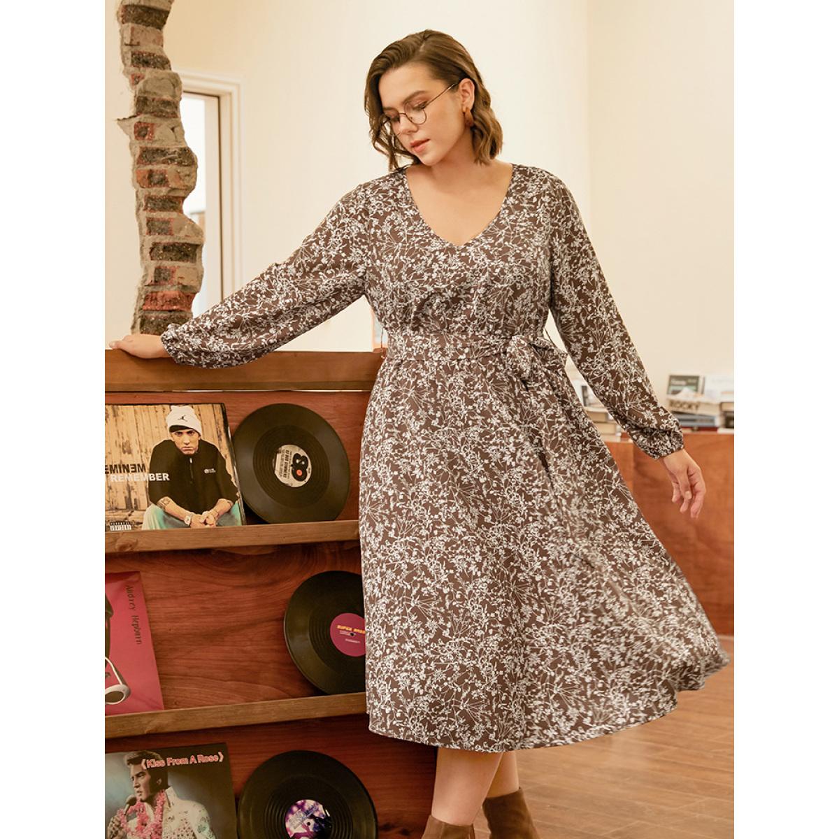 Plus Size Ditsy Floral Lantern Sleeve Pocket Belted Dress Bronze Women Elegant Belted V-neck Long Sleeve Curvy Midi Dress BloomChic 10/M Product Image