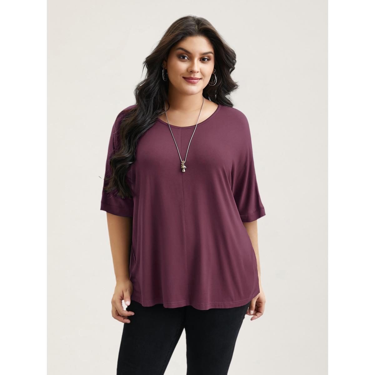 Plus Size Supersoft Round Neck Plain T-Shirt Plum Women Leisure Non Round Neck Casual T-shirts BloomChic 12/L Product Image