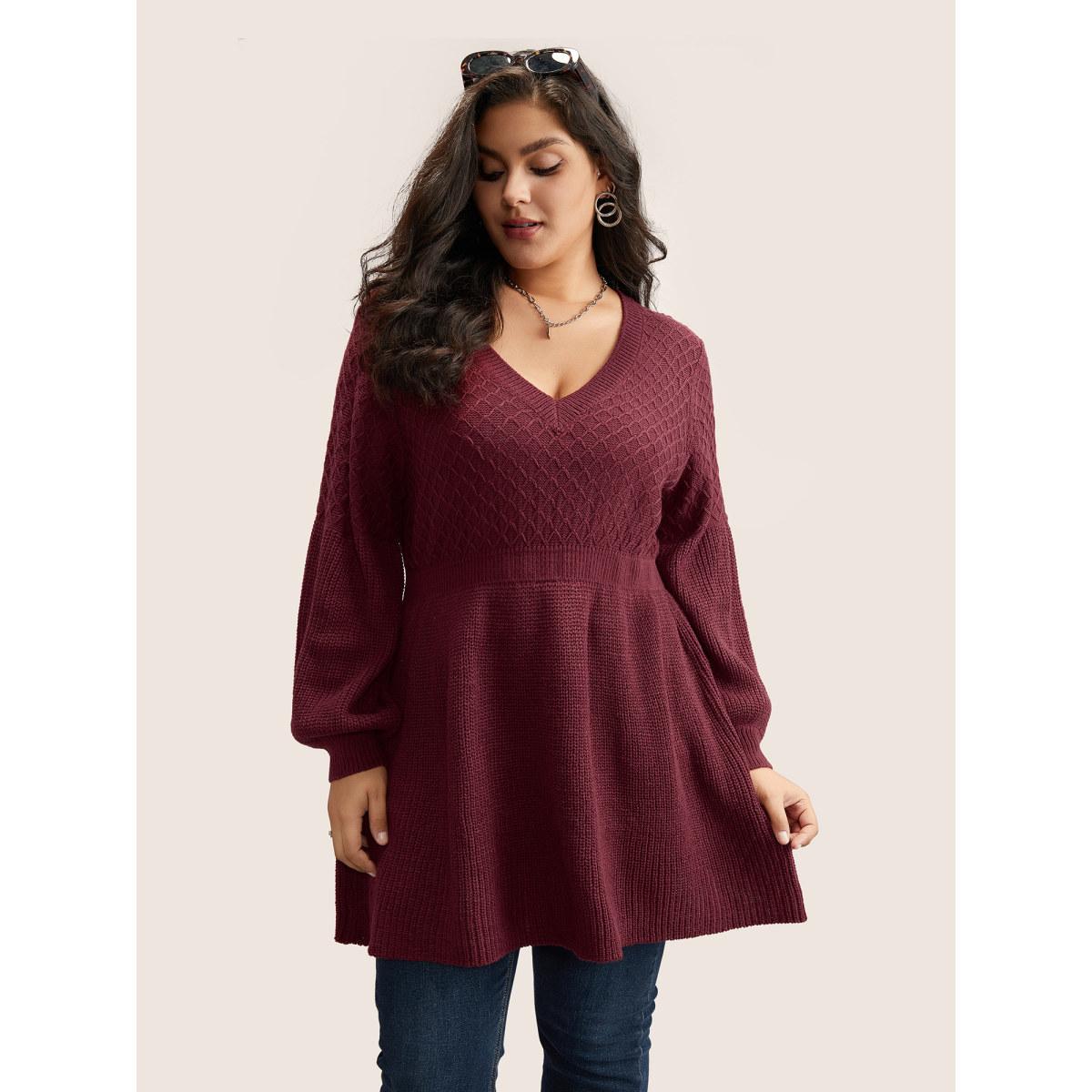 Plus Size Plain Plisse Lantern Sleeve A Line Pullover Scarlet Women Timeless Long Sleeve V-neck Elegant Pullovers BloomChic 28/5X Product Image