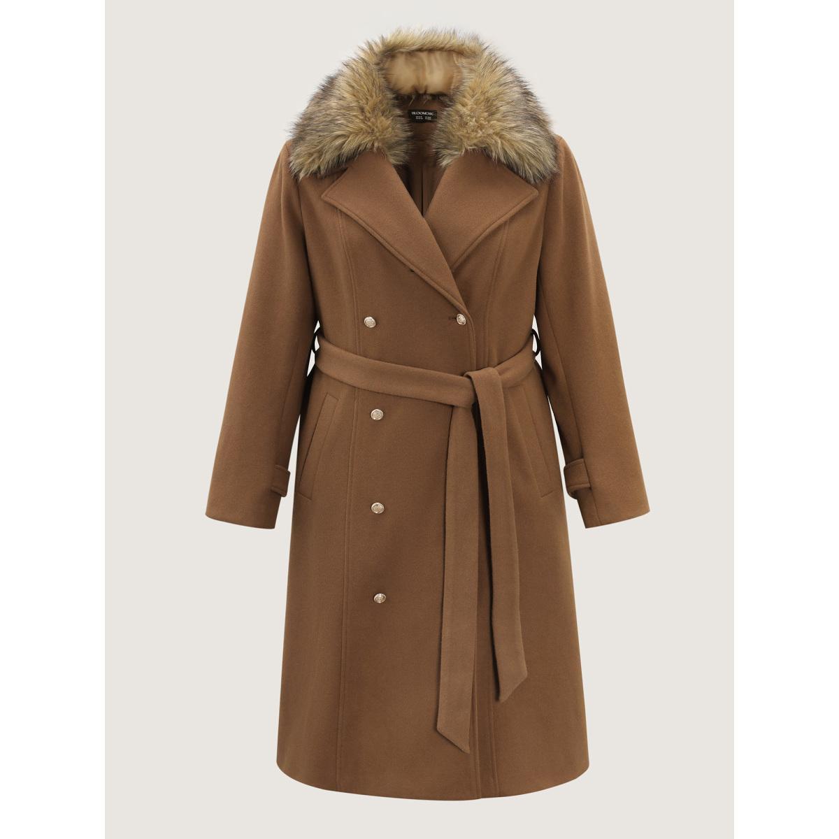 Plus Size Detachable Fur Belted Cinched-Waist Coat Women Yellowishbrown Timeless Bodycon Ladies Elegant Winter Coats BloomChic 10/M Product Image