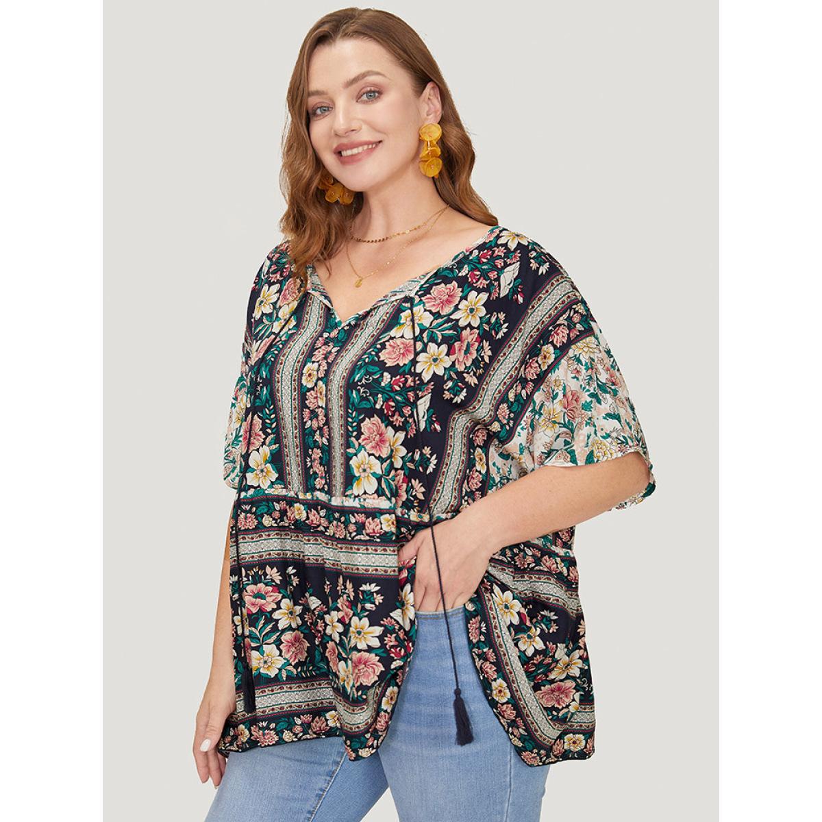 Plus Size Midnight Bandana Print Tie Neck Tassels Batwing Sleeve Blouse Women Vacation Short sleeve Tie Neck Dailywear Blouses BloomChic 10/M Product Image