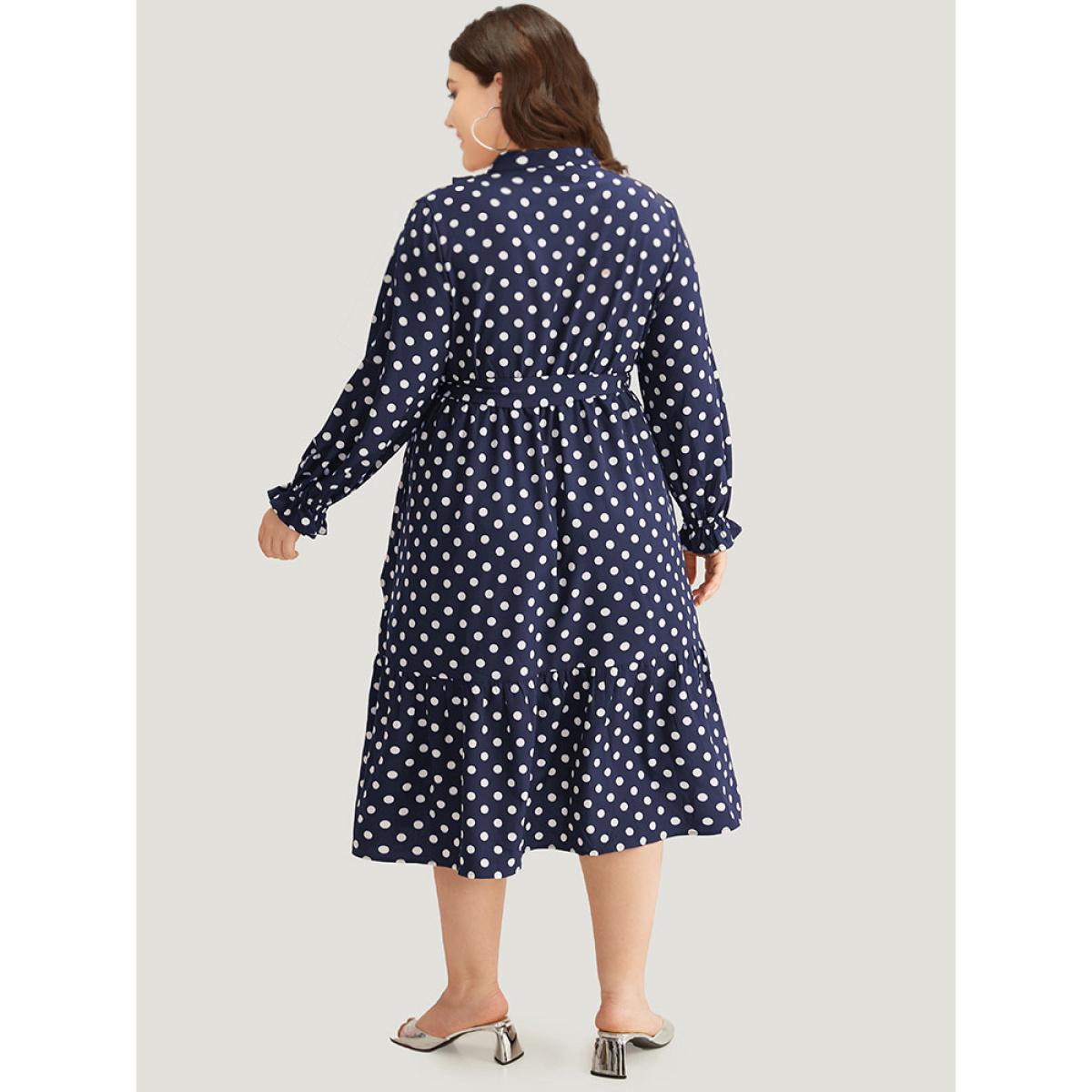 Plus Size Polka Dot Ruffle Trim Belted Lace Up Dress Indigo Women Office Belted Tie Neck Long Sleeve Curvy Midi Dress BloomChic 12/L Product Image