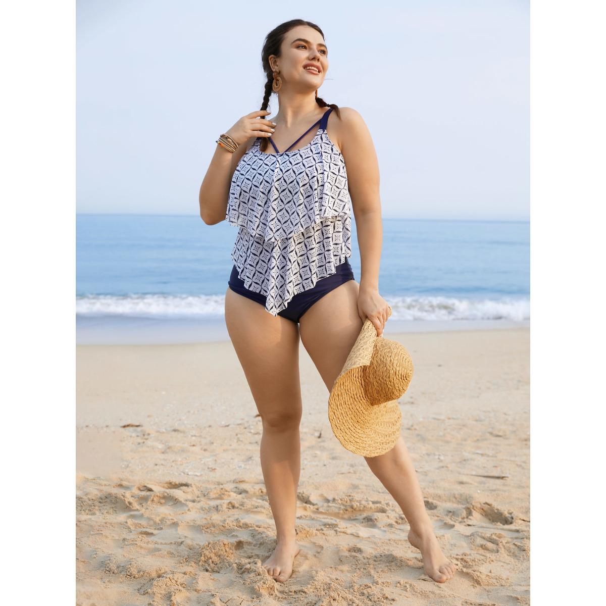 Plus Size Geometric Tiered Ruffles One Piece Swimsuit Women's Swimwear WhiteSmoke Beach Gathered Curve Bathing Suits High stretch One Pieces BloomChic 10/M Product Image