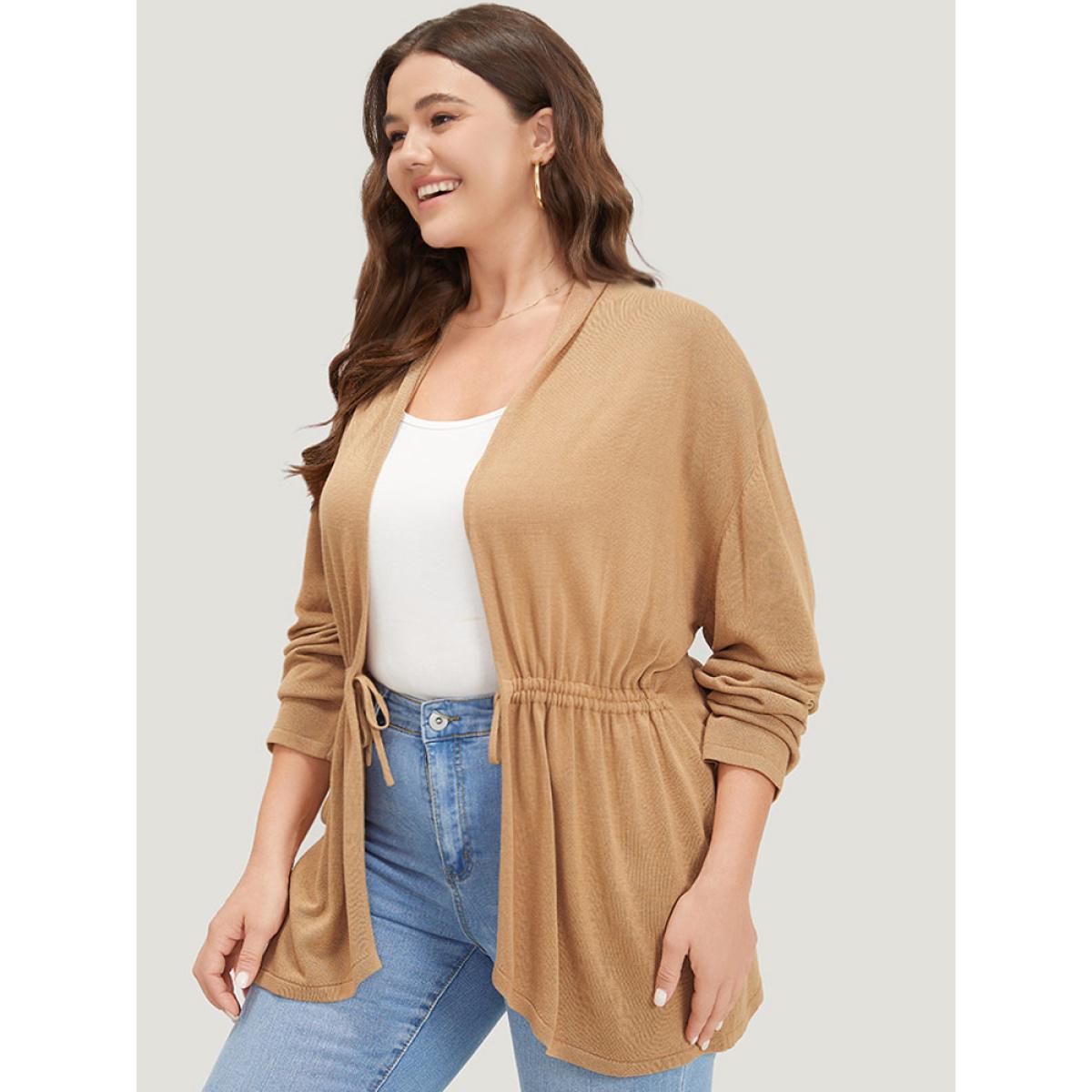 Plus Size Plain Drawstring Bowknot Front Drop Shoulder Cardigan Tan Women Casual Loose Long Sleeve Everyday Cardigans BloomChic 18-20/2X Product Image