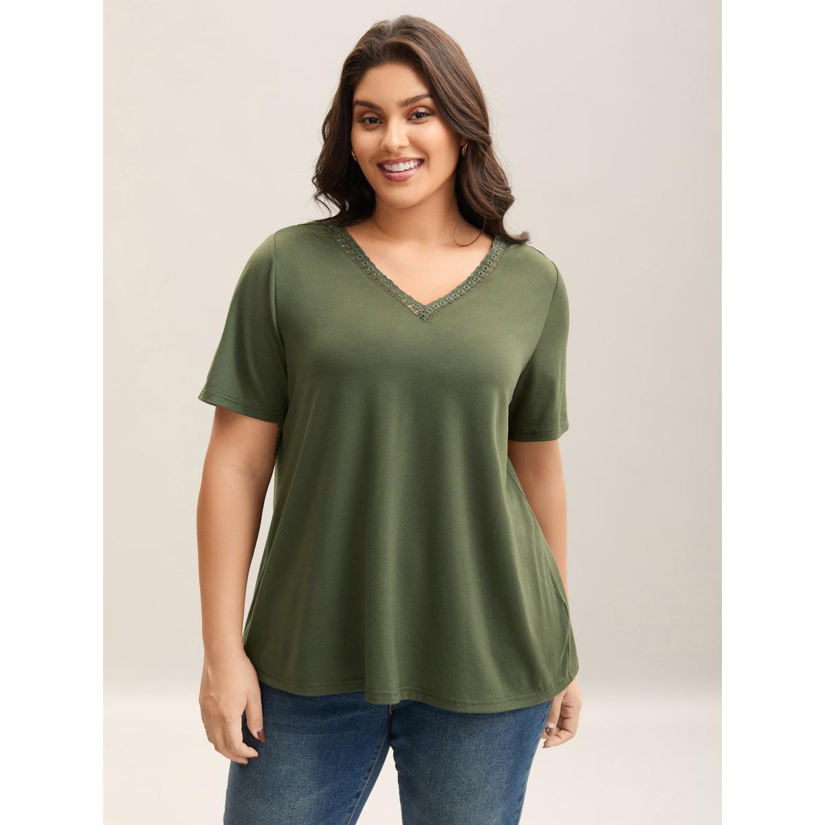 Plus Size Stretchy Floral Back Cut-Out T-Shirt ArmyGreen Women Elegant Woven ribbon&lace trim V-neck Everyday T-shirts BloomChic 14-16/1X Product Image