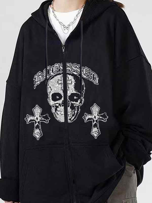 Skull Print Rhinestone Zip Up Oversized Hoodie Product Image
