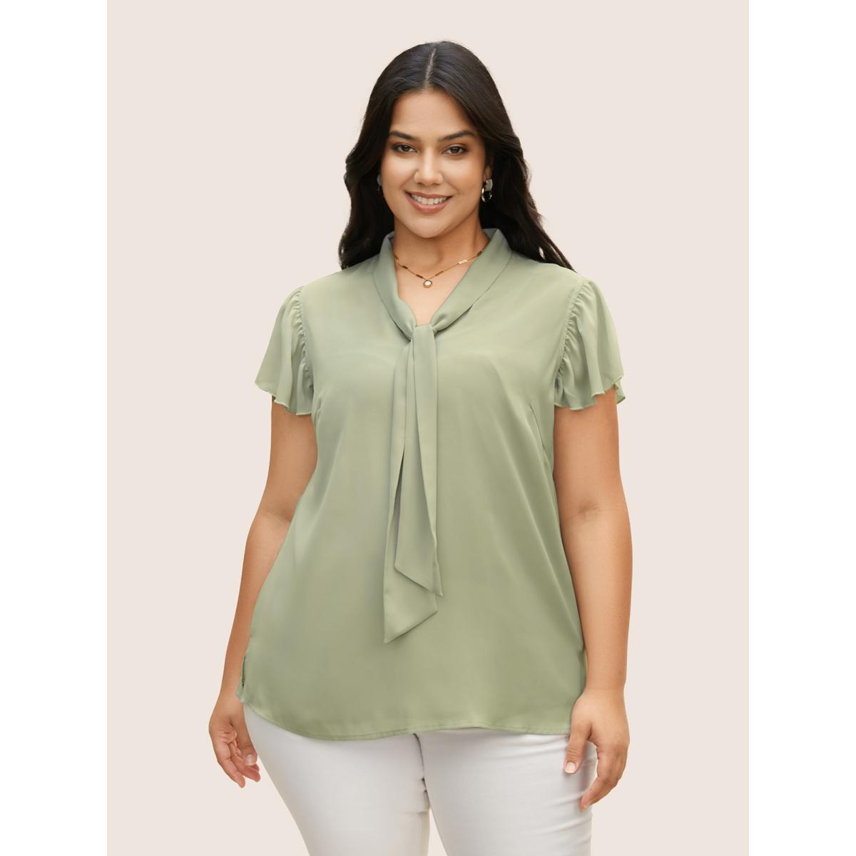 Plus Size Palemauve Ribbon Tied Collar Ruffle Sleeve Blouse Women At the Office Short sleeve Ribbon-tied collar Work Blouses BloomChic 10/M Product Image