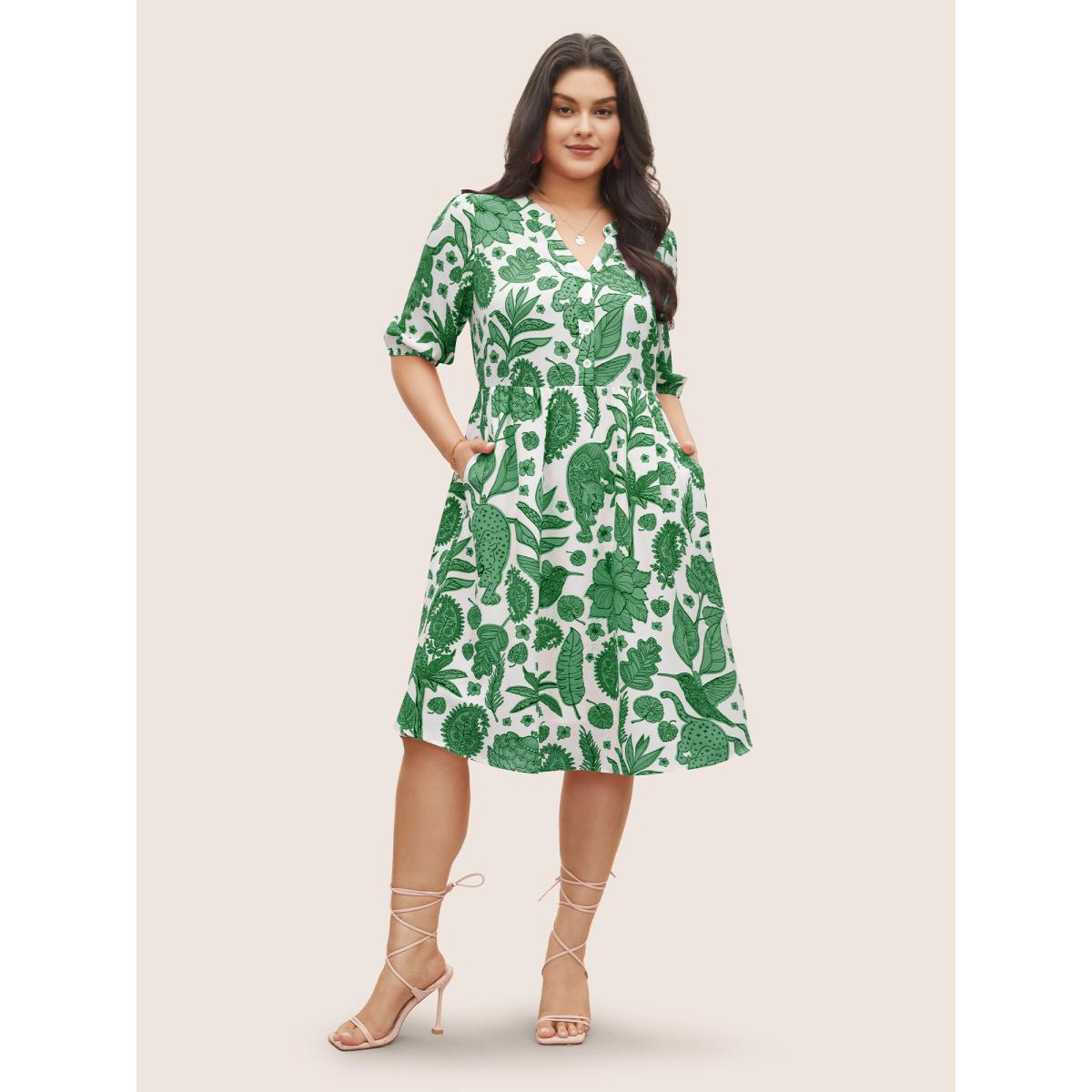 Plus Size Plants & Animal Print Notched Lantern Sleeve Dress Salmon Women Resort Non Notched collar Short sleeve Curvy Midi Dress BloomChic 12/L Product Image