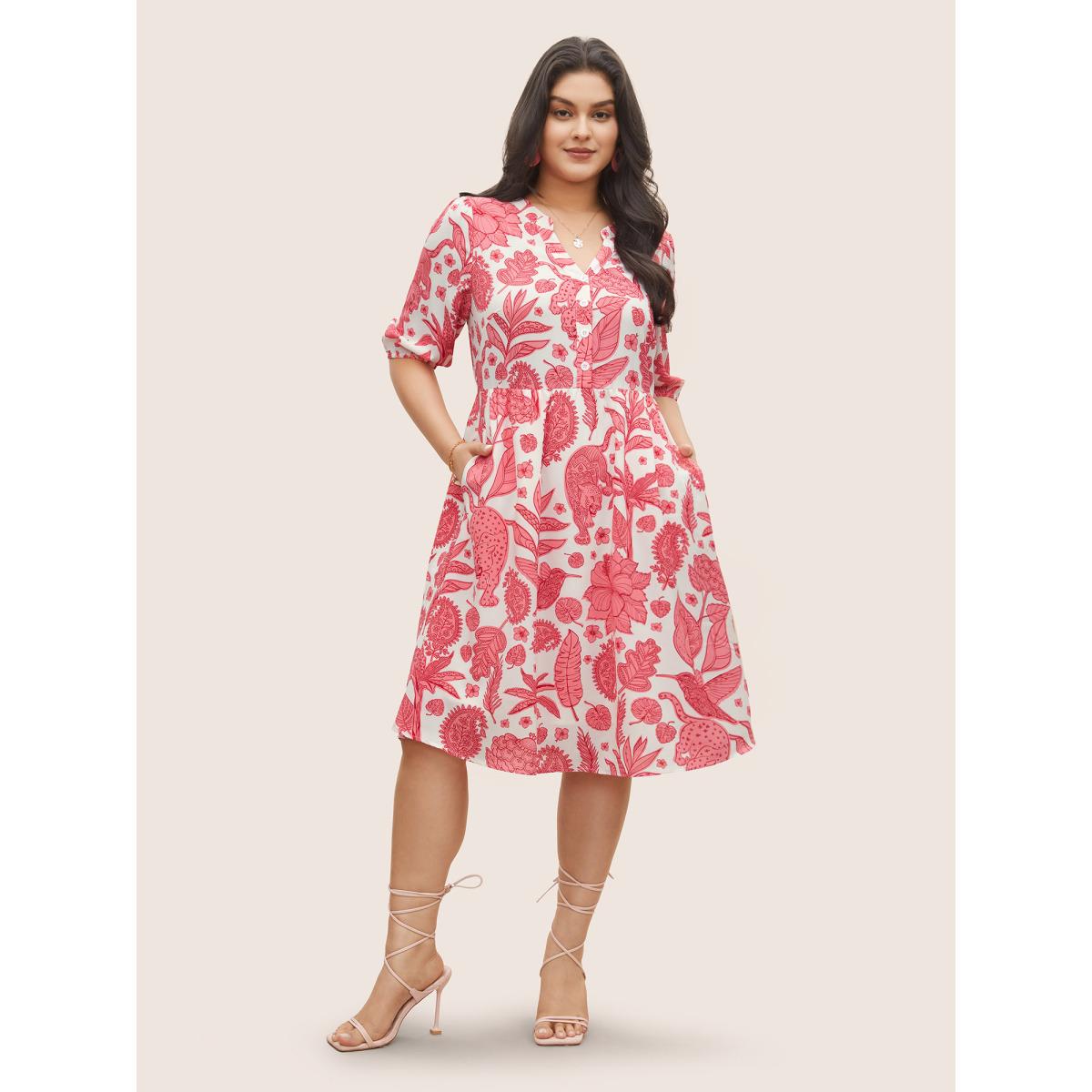 Plus Size Plants & Animal Print Notched Lantern Sleeve Dress Salmon Women Resort Non Notched collar Short sleeve Curvy Midi Dress BloomChic 12/L Product Image