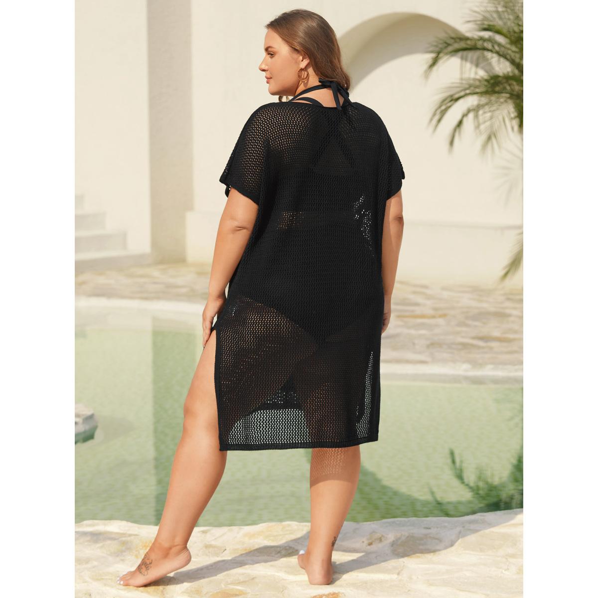 Plus Size Cut-Out Sheer Cat Pattern Swim Cover-Up Women's Swimwear Black Beach Loose Contrast Curve Swim Cover Ups BloomChic 14-16/1X Product Image