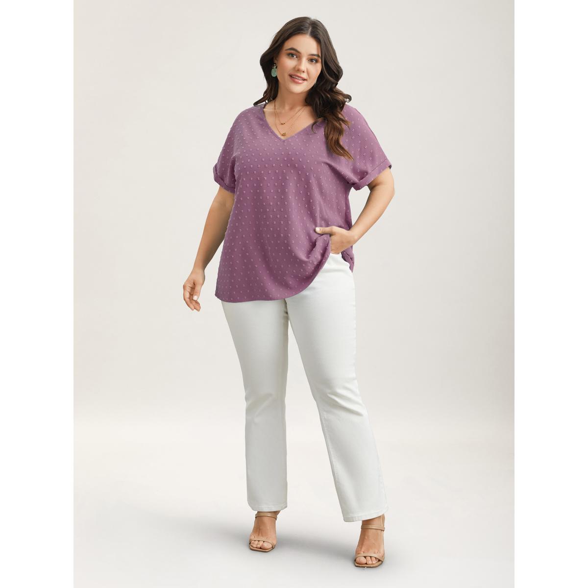 Plus Size Mauve Back-Button Textured V-Neck Shirt Women Timeless Short sleeve V-neck Elegant Blouses BloomChic 12/L Product Image
