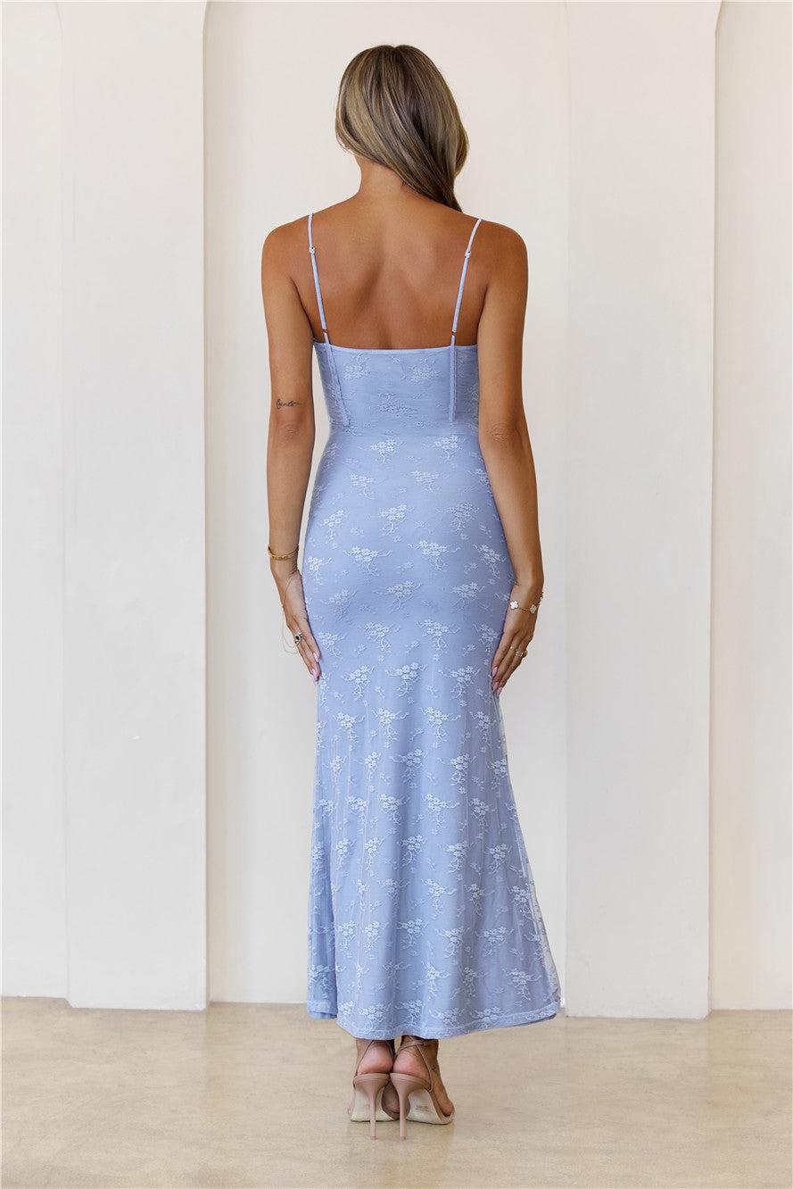 Sheer Radiance Lace Maxi Dress Blue Product Image