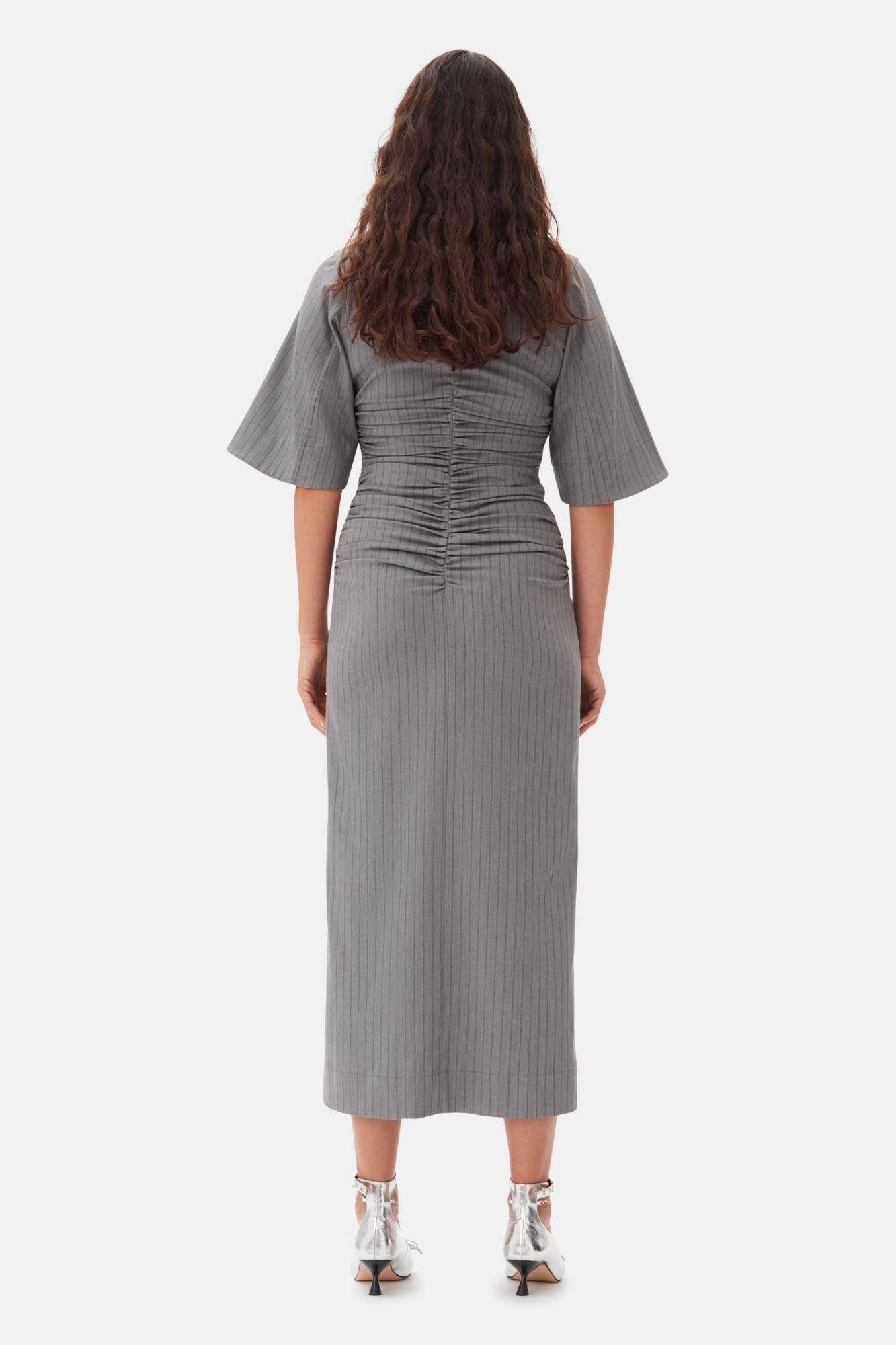 Grey Striped Suiting V-neck Fitted Dress Product Image