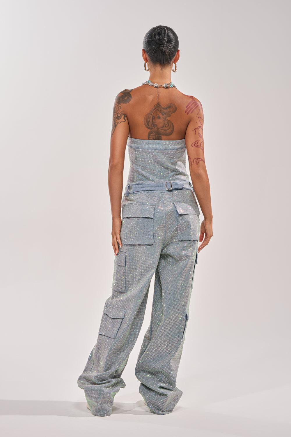 TOO FLY RHINESTONE DENIM JUMPSUIT Product Image