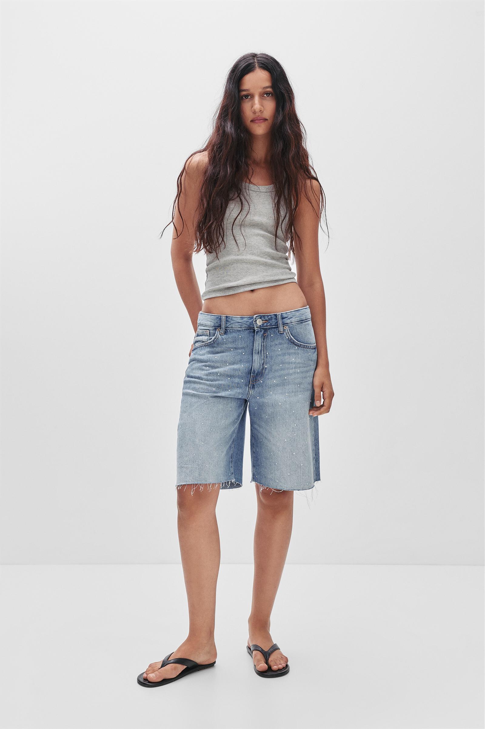 Denim Bermuda shorts with rhinestones Product Image