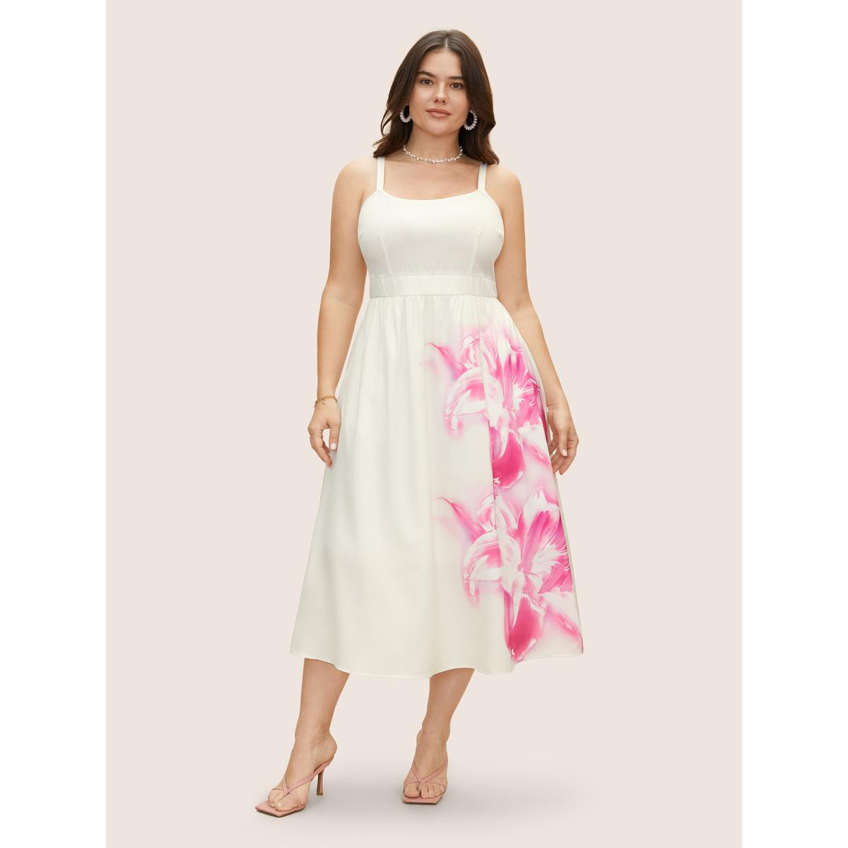 Plus Size Pink Lilies Print Gathered Cami Midi Dress Ivory Women Elegant Gathered Non Sleeveless Curvy BloomChic 30/6X Product Image