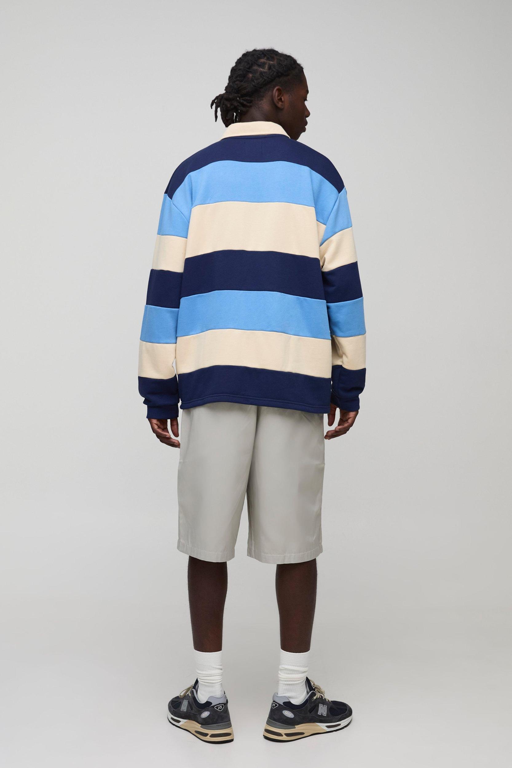 Oversized Stripe Embroidered Rugby Polo | boohooMAN USA Product Image