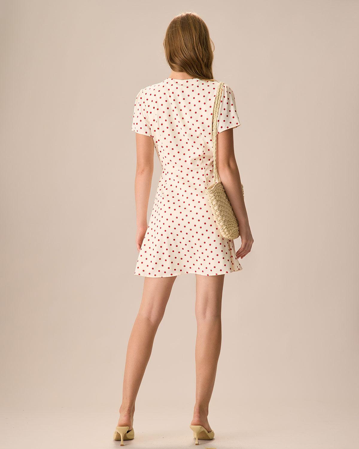 The Beige Polka Dot Button Mini Dress Product Image
